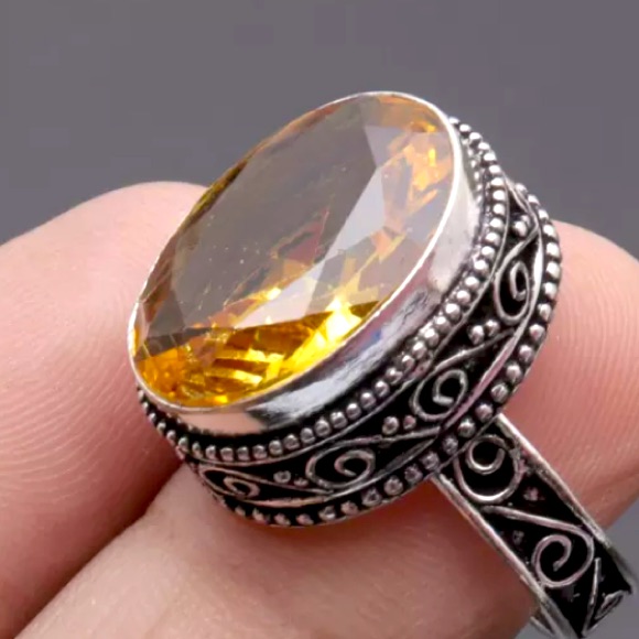 Vintage Citrine & Sterling Silver Handcrafted Ring Size 8 1/2